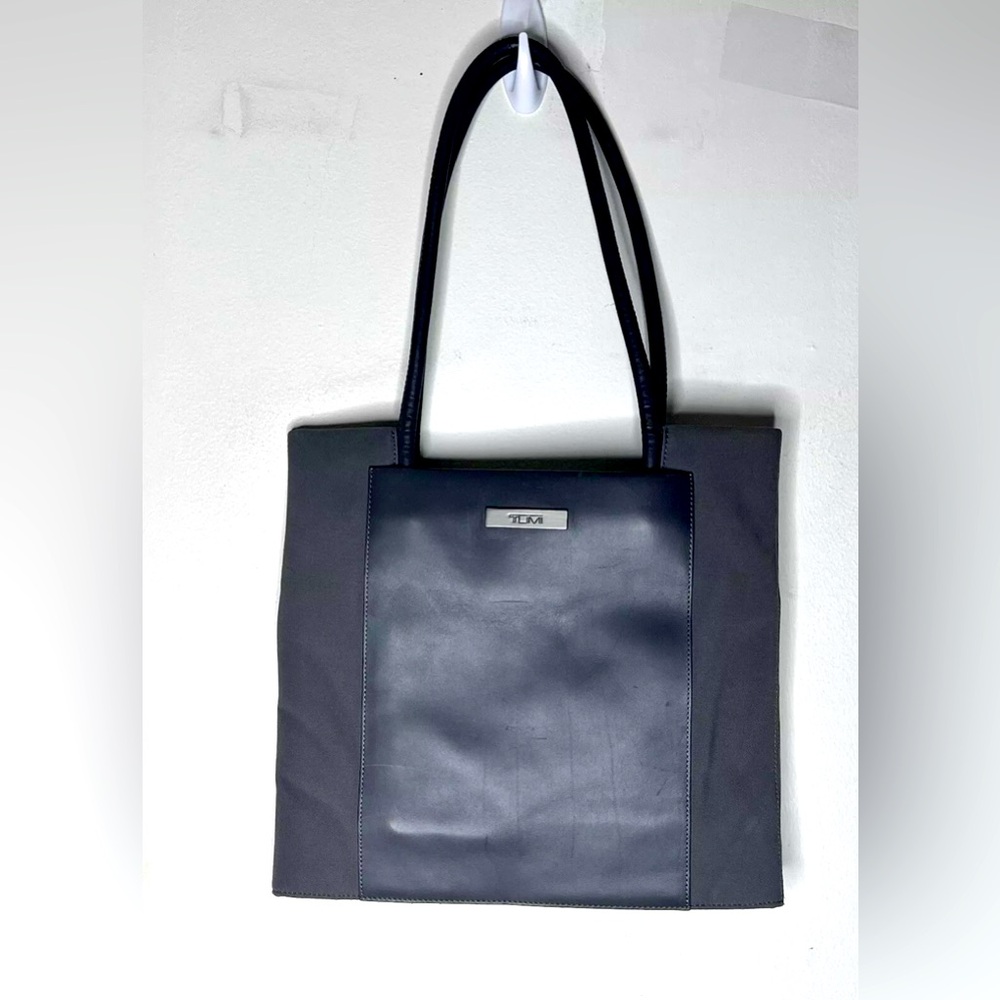 TUMI Grey Leather & Nylon Tote Handbag w/ Double Straps